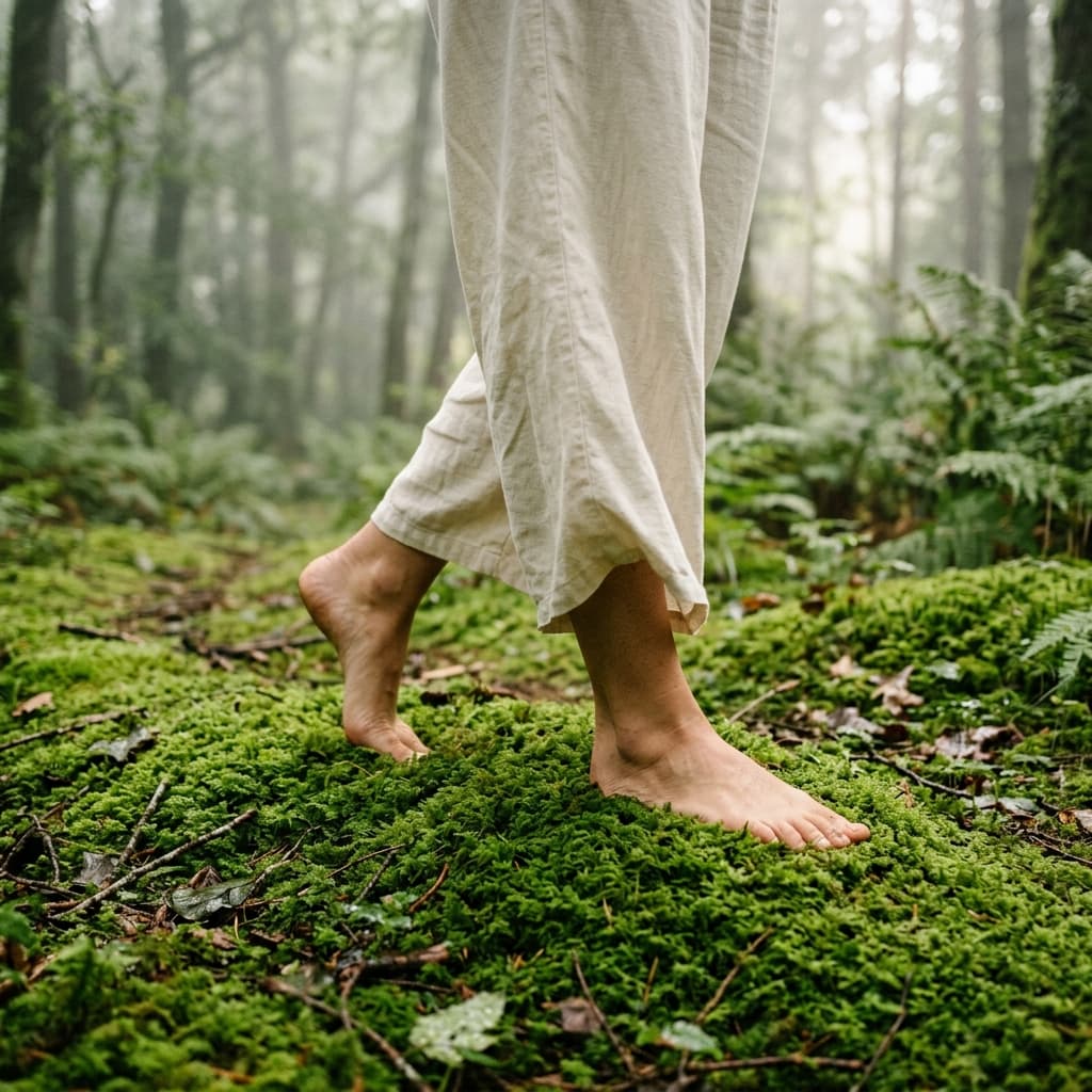 Barefoot walking in the forest